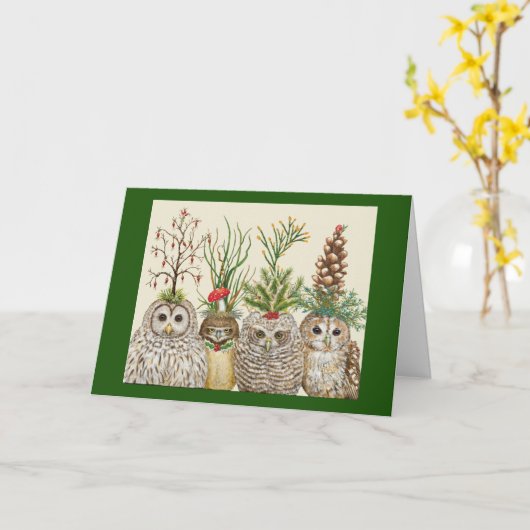 Little Owls with Holiday hats Folded Greeting Card Kaart (Gele Bloem)