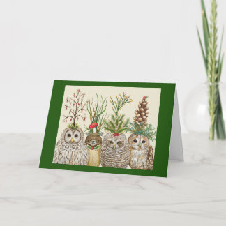Little Owls with Holiday hats Folded Greeting Card Kaart