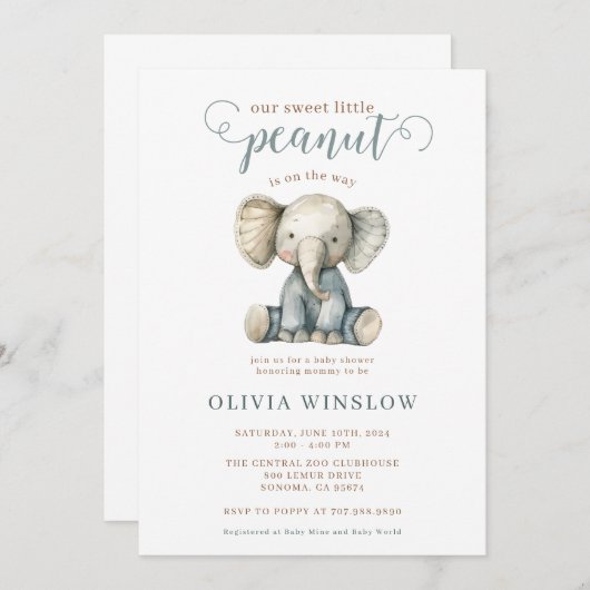 Little Peanut Blue Baby Elephant Baby shower Kaart (Voorkant / Achterkant)