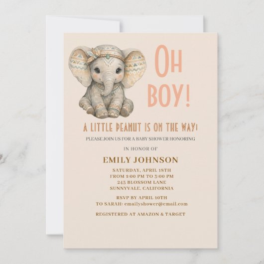 Little Peanut Boho Safari Elephant Boy Baby Shower Kaart (Voorkant)