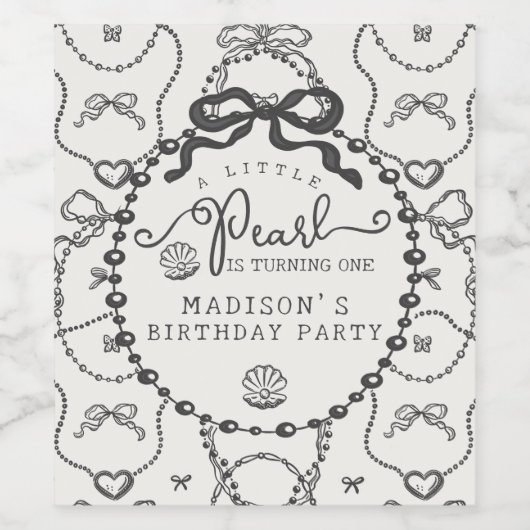 Little Pearl Black Coquette Bow Verjaardagsgunst Wijn Etiket (Enkel label)