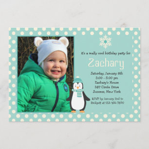 Little Penguin Teal Photo Invitation Kaart