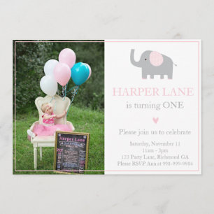 Little Pink and Grey Elephant Verjaardag Uitnodigi Kaart