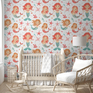 Little Pink Blauwgroen Zeemeermin Pattern Baby kwe Behang