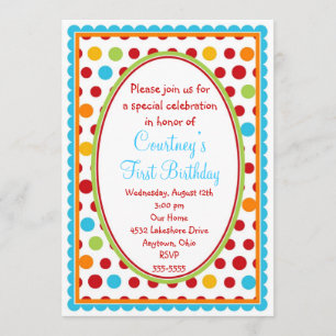 Little Polka Dots 1st Birthday Invitation Kaart