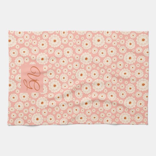 Little Powder Pink Flowers Monogram Kitchen Towel Theedoek (Horizontaal)