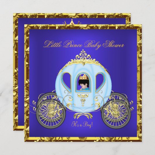 Little Prince Baby shower Blue Gold Boy Carriage 2 Kaart (Voorkant / Achterkant)