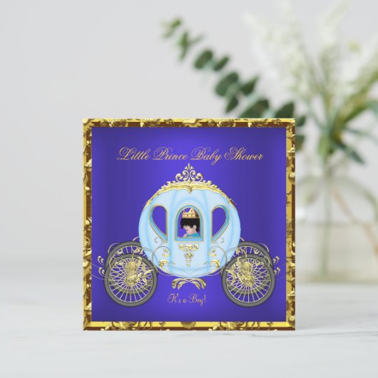 Little Prince Baby shower Blue Gold Boy Carriage 2 Kaart (Staand voorkant)