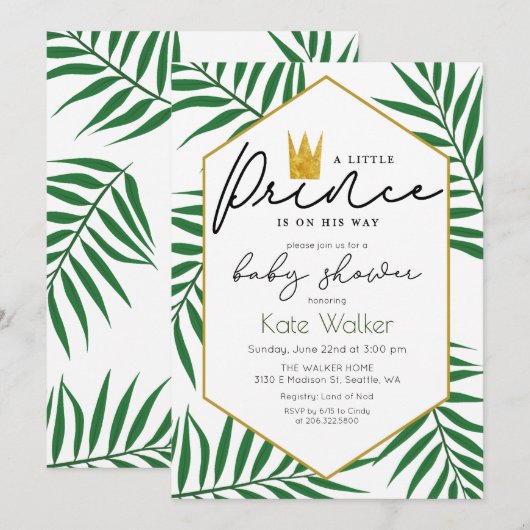 Little Prince Crown Leaf Baby shower Invitation Kaart (Voorkant / Achterkant)