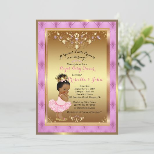 Little Princess Baby shower Invitation, Roze, Goud Kaart (Staand voorkant)