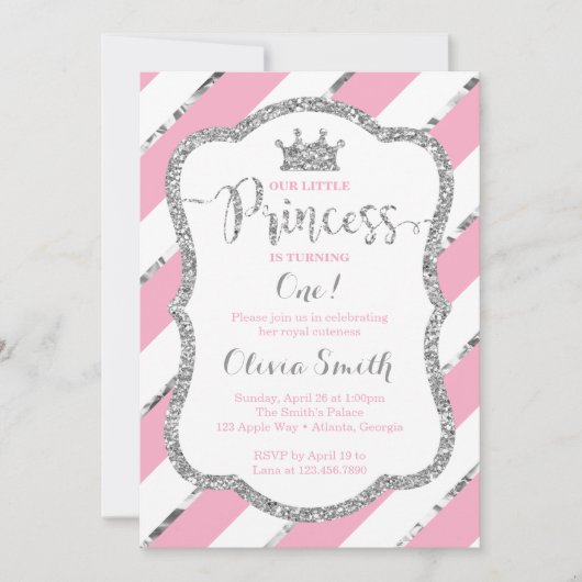 Little Princess Birthday Invitation Pink & Silver Kaart (Voorkant)