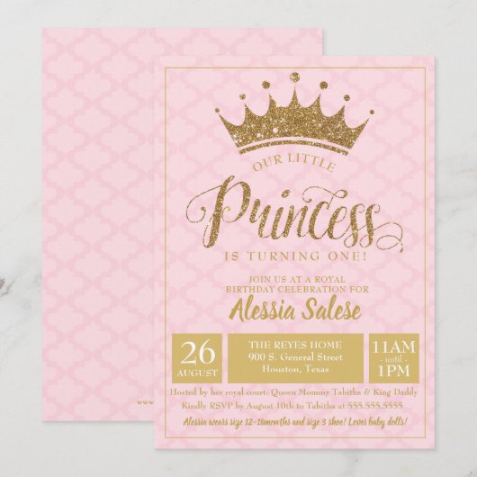 Little Princess Crown Girl 1st Birthday Invitation Kaart (Voorkant / Achterkant)