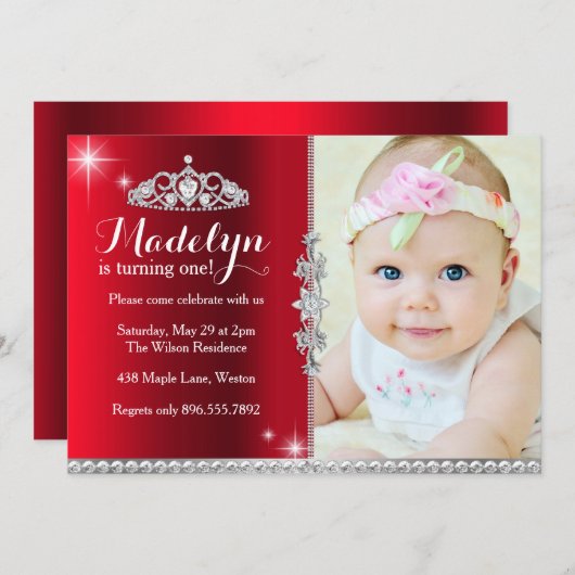 Little Princess First Birthday Invitation Kaart (Voorkant / Achterkant)