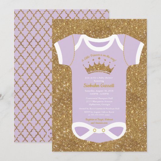 Little Princess Paars Gold Baby shower Invitation Kaart (Voorkant / Achterkant)