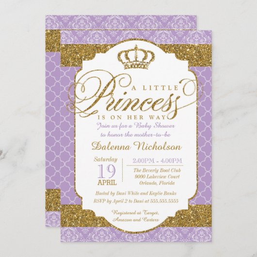Little Princess Royal Paarse en gouden Baby shower Kaart (Voorkant / Achterkant)