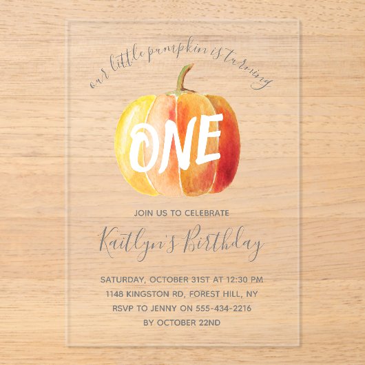 Little Pumpkin 1st Birthday Acryl Uitnodigingen (Voorkant)
