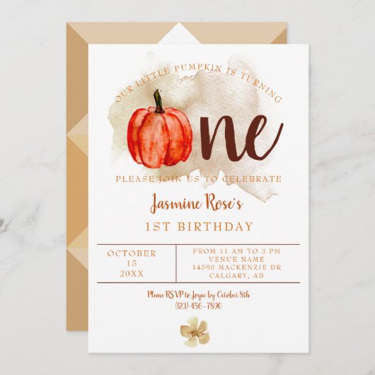 Little Pumpkin 1st Birthday Waterverf Oranje Herfs Kaart (Voorkant / Achterkant)