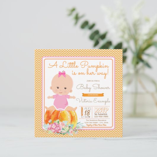 Little Pumpkin Baby Girl Douche Uitnodiging (Staand voorkant)