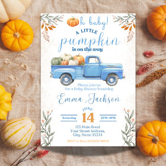 Little Pumpkin Baby shower Invitation Blue Truck Kaart