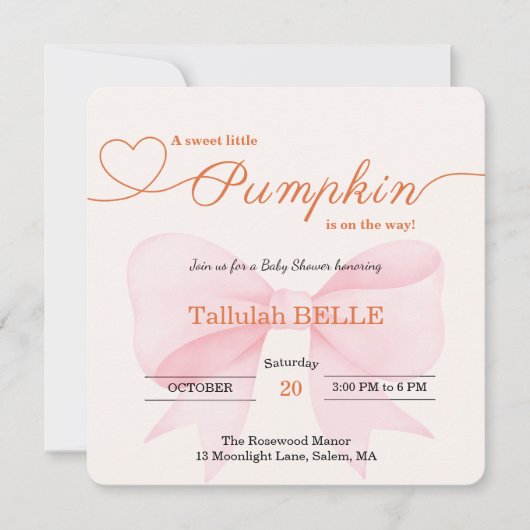 Little Pumpkin Baby shower Invitation – Roze strik Save The Date (Voorkant)