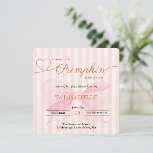 Little Pumpkin Baby shower Invitation – Roze strik Save The Date (Staand voorkant)