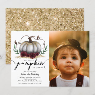 Little Pumpkin Birthday Party Gold Photo Kaart