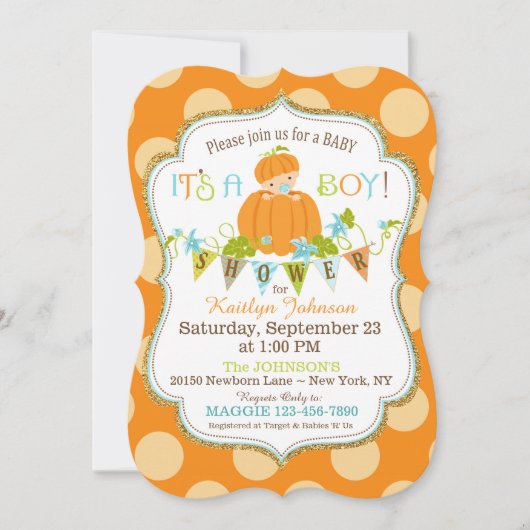 Little Pumpkin Boy Herfst Baby Shower Uitnodiginge Kaart (Voorkant)