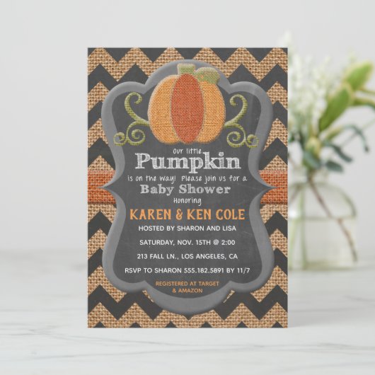 Little Pumpkin Burlap Rustic Baby shower Uitnodige Kaart (Staand voorkant)