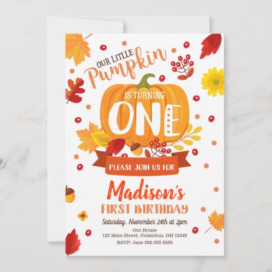 Little Pumpkin First Birthday Invitation Kaart (Voorkant)