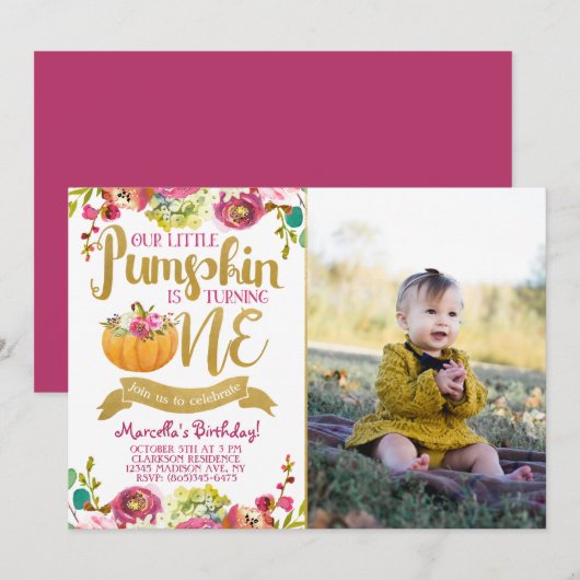 Little Pumpkin First Birthday Invitation Kaart (Voorkant / Achterkant)