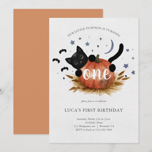 Little Pumpkin First Birthday Party Invitation Kaart (Voorkant / Achterkant)