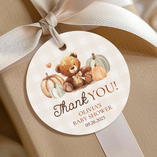 Little Pumpkin Gingham Teddy Bear Herfst Baby show Bedankjes Labels