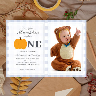 Little Pumpkin Herfst Pastel Blue 1st Birthday Fot Kaart