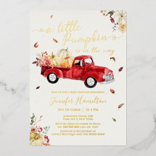 Little Pumpkin Herfst Rood Truck Baby shower Folie Uitnodiging (Voorkant)