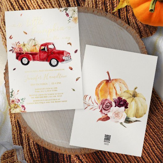 Little Pumpkin Herfst Rood Truck Baby shower Folie Uitnodiging