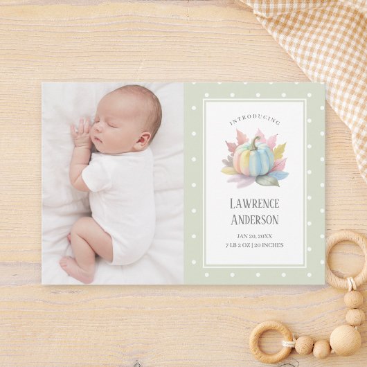Little Pumpkin Light Sage Green 2 Foto Geboorte Aankondiging