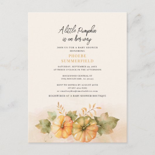 Little Pumpkin On-Way Herfst Baby shower Uitnodiging Briefkaart (Voorkant)