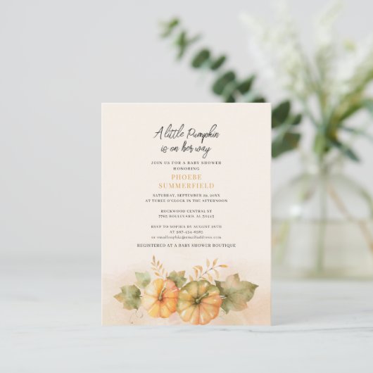 Little Pumpkin On-Way Herfst Baby shower Uitnodiging Briefkaart (Staand voorkant)