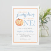 Little Pumpkin Pastel Blue Herfst First Birthday I Kaart (Staand voorkant)