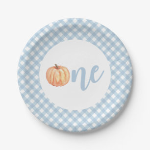 Little Pumpkin pastel blue plaid eerste verjaardag Papieren Bordje