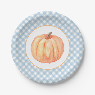 Little Pumpkin pastel blue plaid eerste verjaardag Papieren Bordje