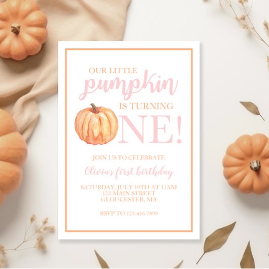 Little Pumpkin Pastel Pink Herfst First Birthday Kaart