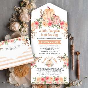 Little Pumpkin Pink and Peach Floral Baby shower All In One Uitnodiging