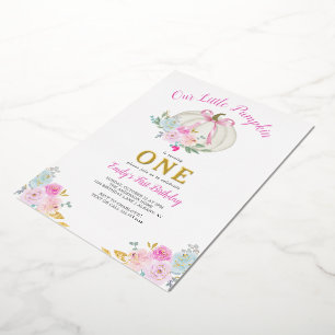 Little Pumpkin Pink Bow Girls 1st Birthday Gold Folie Uitnodiging