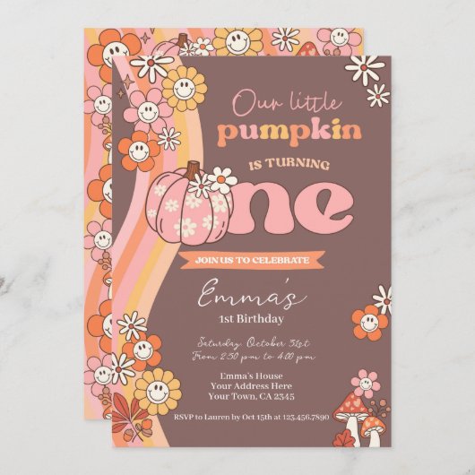 Little Pumpkin Retro 1st Birthday Invitation (Devant / Derrière)