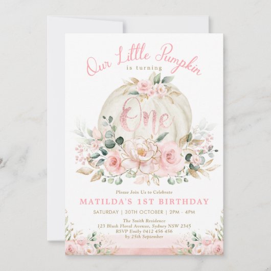 Little Pumpkin Roos Goud Roze Bloemen 1e Verjaarda Kaart (Voorkant)