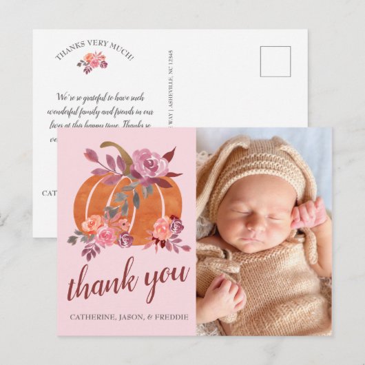 Little Pumpkin Rustic Autumn Baby shower Dank u Briefkaart (Voorkant / Achterkant)