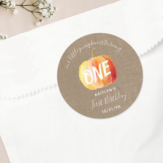 Little Pumpkin Rustic Burlap 1ste verjaardag Ronde Sticker