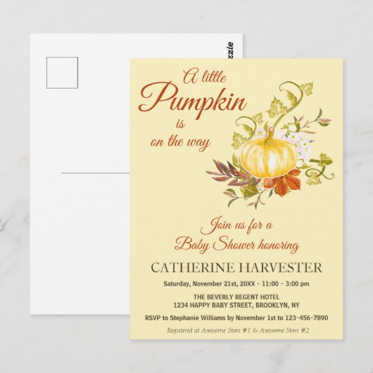 Little Pumpkin Rustic Herfst Baby shower Invitatio Briefkaart (Voorkant / Achterkant)