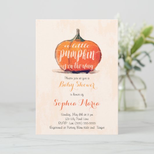 Little Pumpkin Waterverf Baby shower uitnodigen Kaart (Staand voorkant)